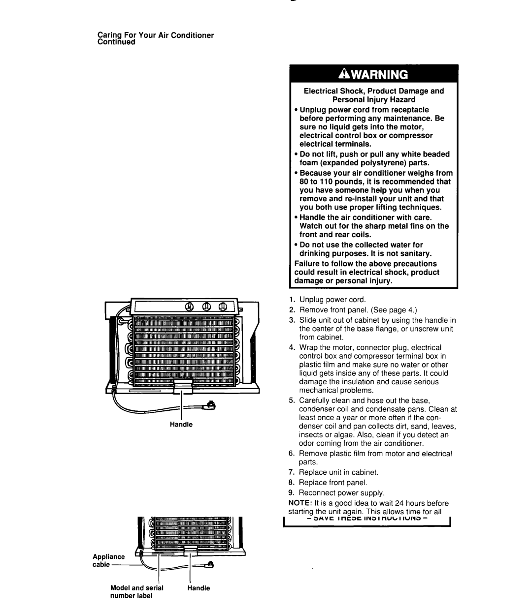 Whirlpool ACQ102, ACQ122, ACQ082, ACU124, ACU102, ACU082 manual Caring For Your Air Conditioner 