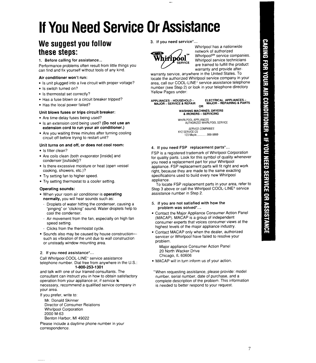 Whirlpool ACQ122, ACQ102, ACQ082, ACU124, ACU102, ACU082 manual IfYouNeedServiceOrAssistance, We suggest you follow these steps 