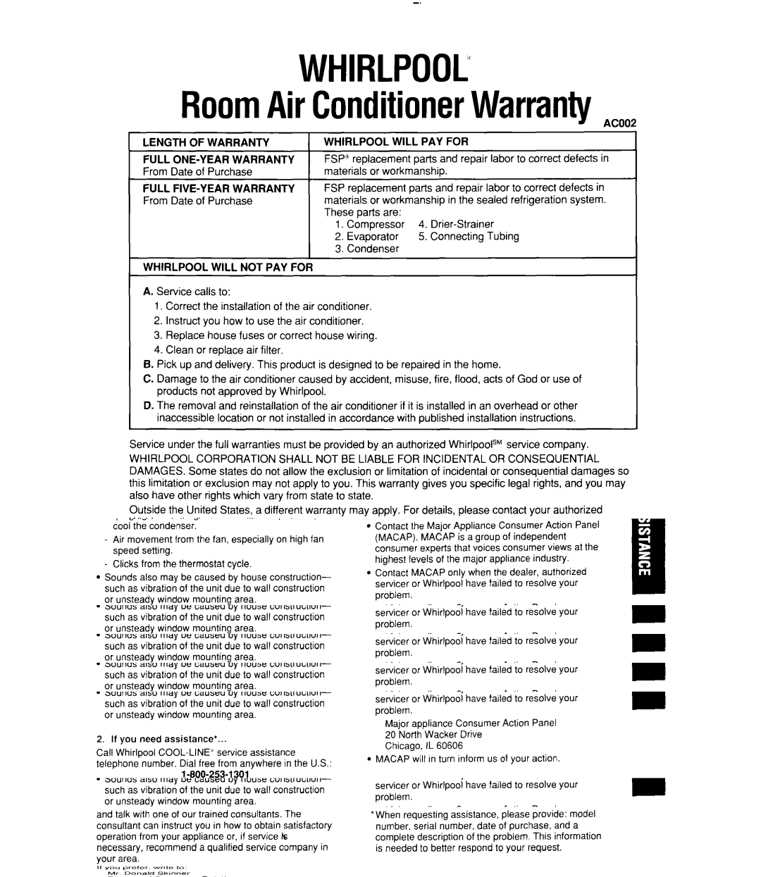 Whirlpool ACQ082, ACQ102, ACQ122, ACU124 Length of Warranty, Will PAY for Full ONE-YEAR Warranty, Full FIVE-YEAR Warranty 