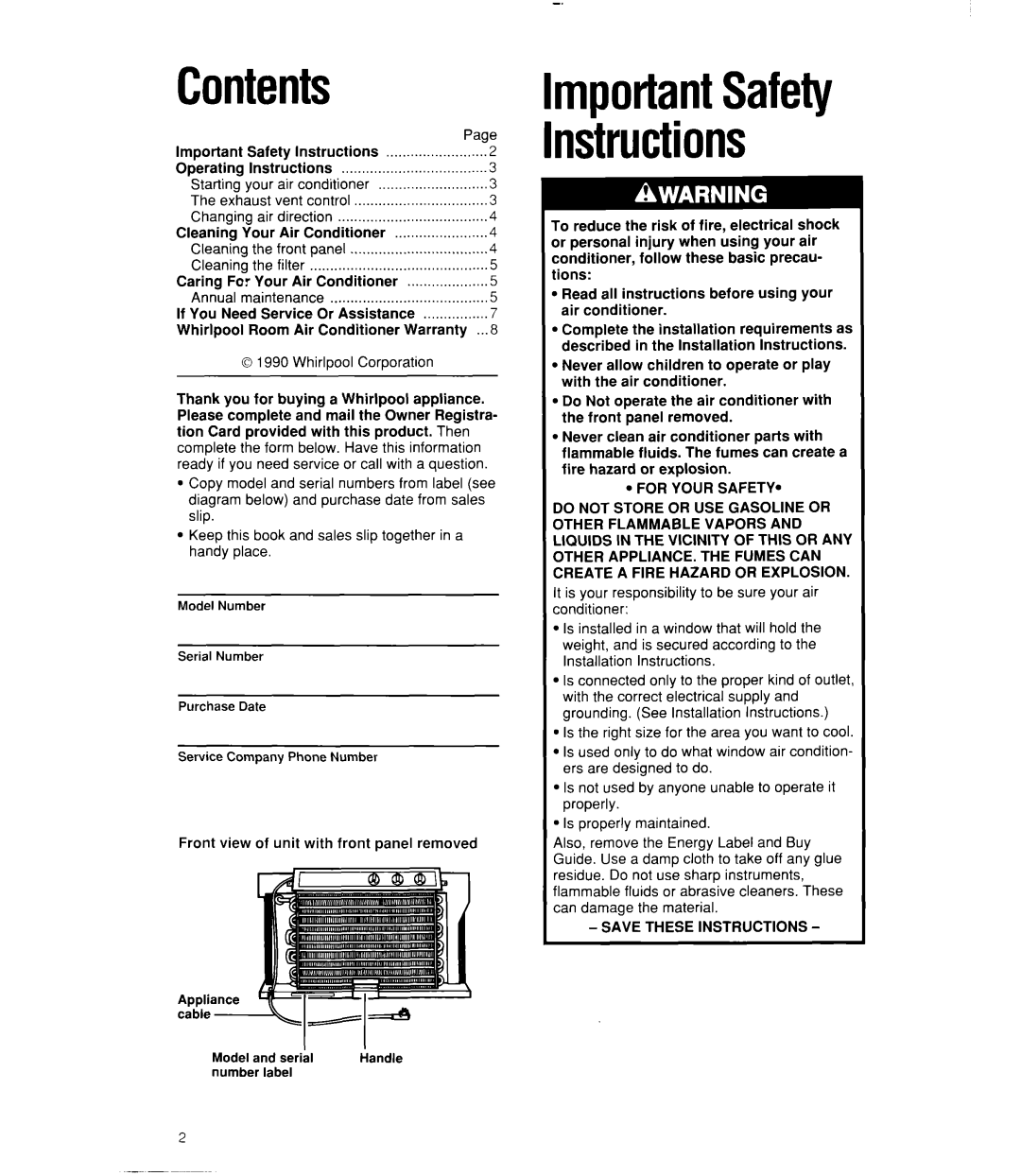Whirlpool ACQ082, ACQ102, ACQ122, ACU124, ACU102, ACU082 manual Contents, ImportantSafety Instructions 