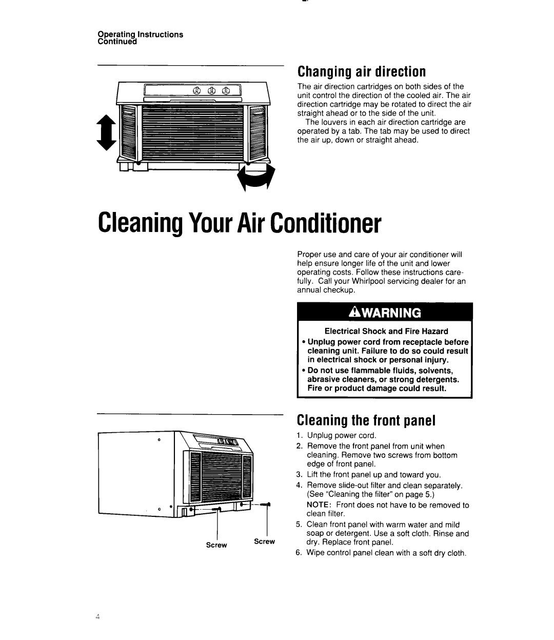 Whirlpool ACU102, ACQ102, ACQ122, ACQ082, ACU124 CleaningYourAirConditioner, Changing air direction, Cleaning the front panel 
