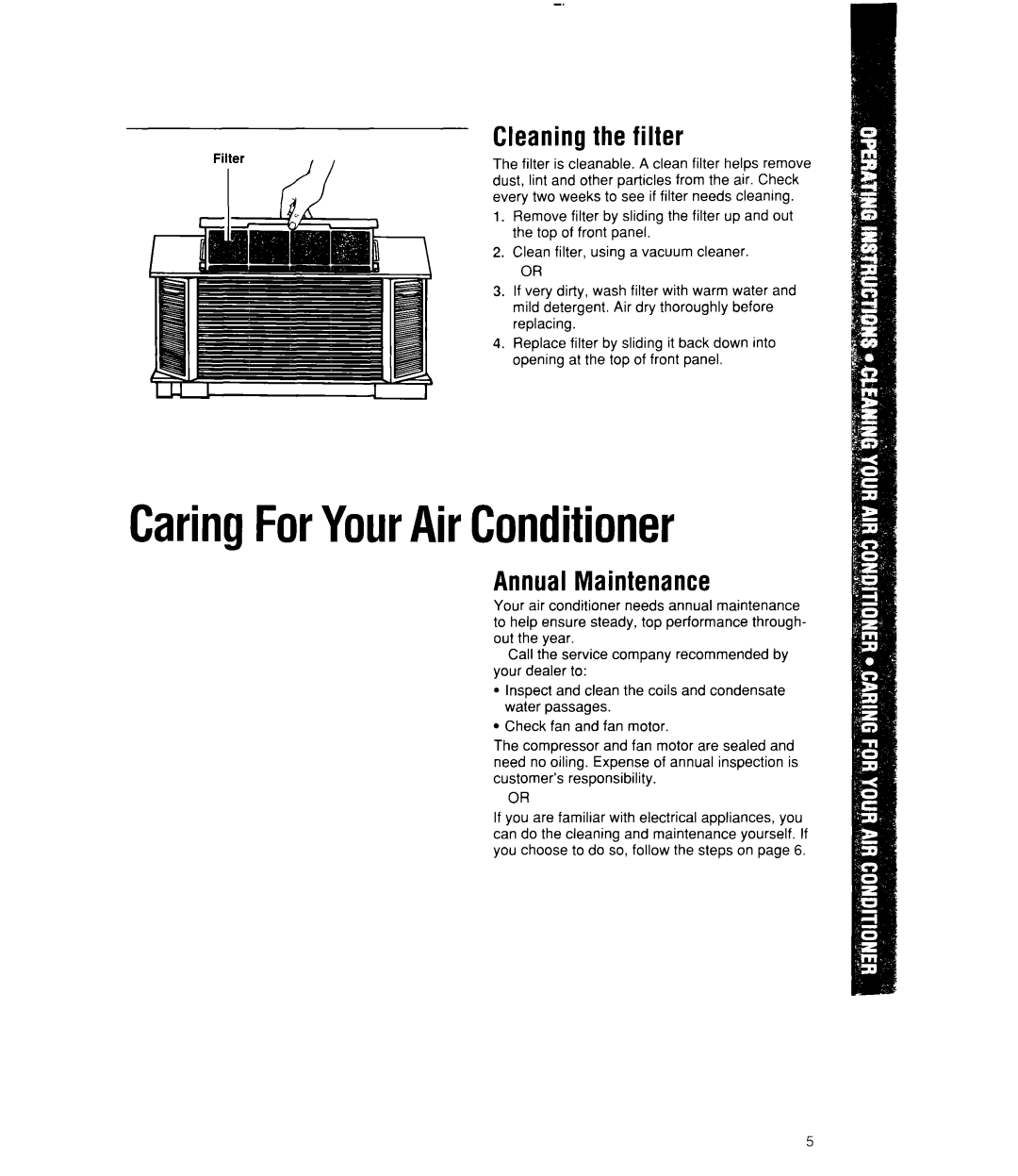 Whirlpool ACU082, ACQ102, ACQ122, ACQ082, ACU124, ACU102 CaringForYourAirConditioner, Cleaning the filter, Annual Maintenance 