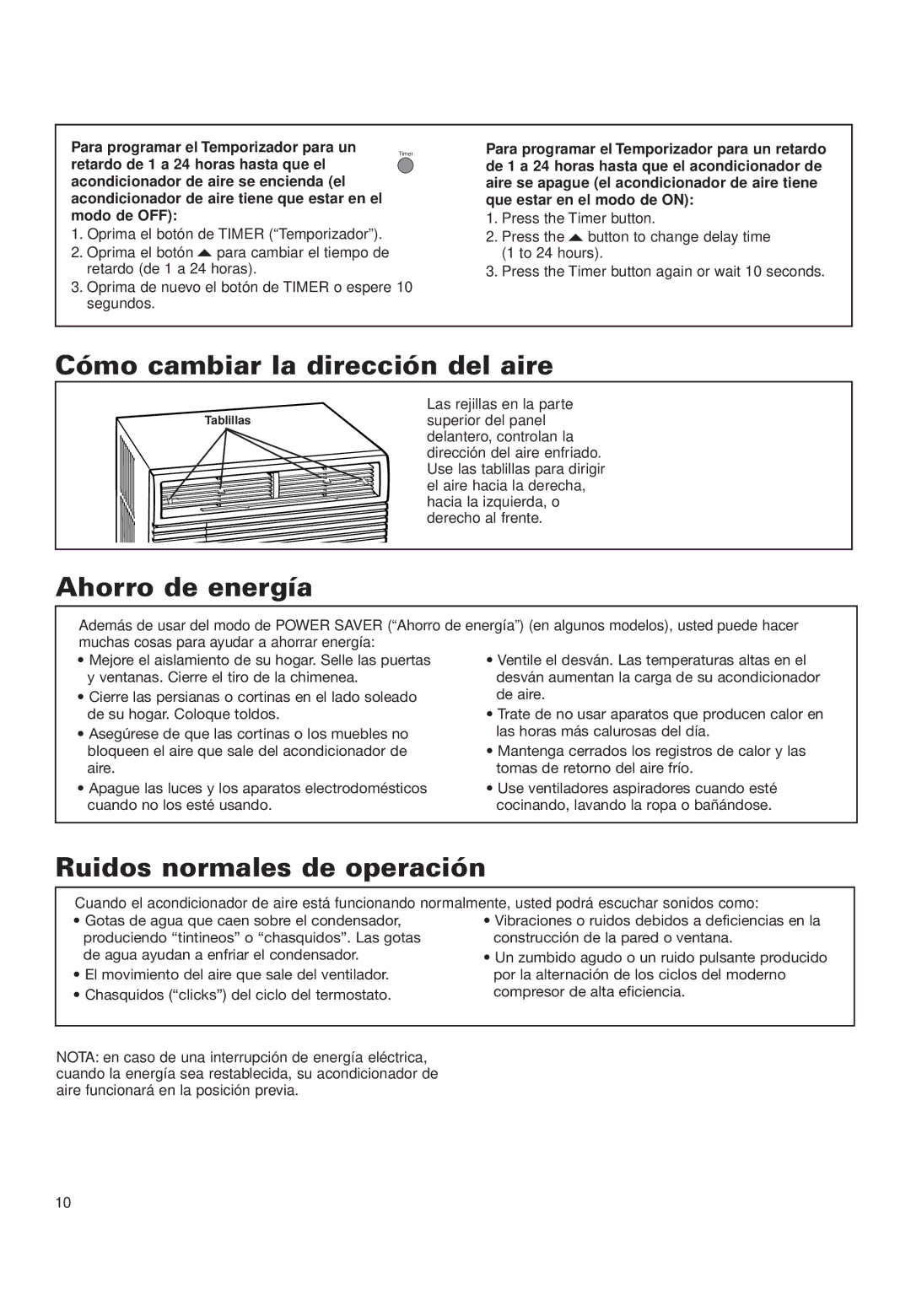 Whirlpool ACQ152XK0 manual Cómo cambiar la dirección del aire, Ahorro de energía, Ruidos normales de operación 