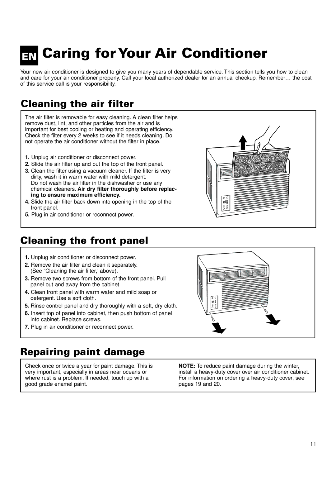 Whirlpool ACQ152XK0 manual EN Caring for Your Air Conditioner, Cleaning the air filter, Cleaning the front panel 