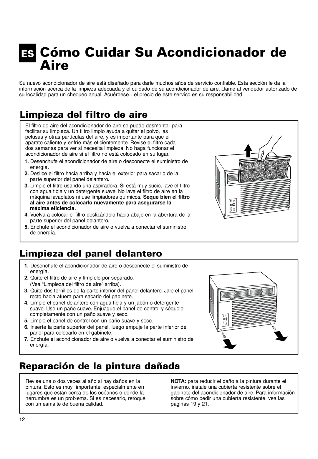 Whirlpool ACQ152XK0 ES Cómo Cuidar Su Acondicionador de Aire, Limpieza del filtro de aire, Limpieza del panel delantero 