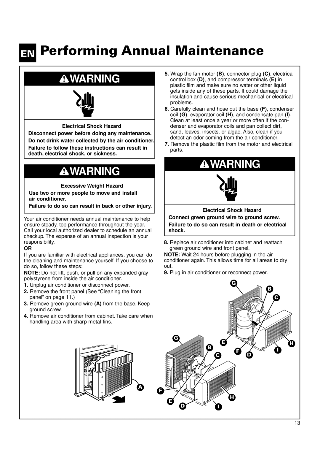 Whirlpool ACQ152XK0 manual EN Performing Annual Maintenance, Failure to do so can result in death or electrical shock 