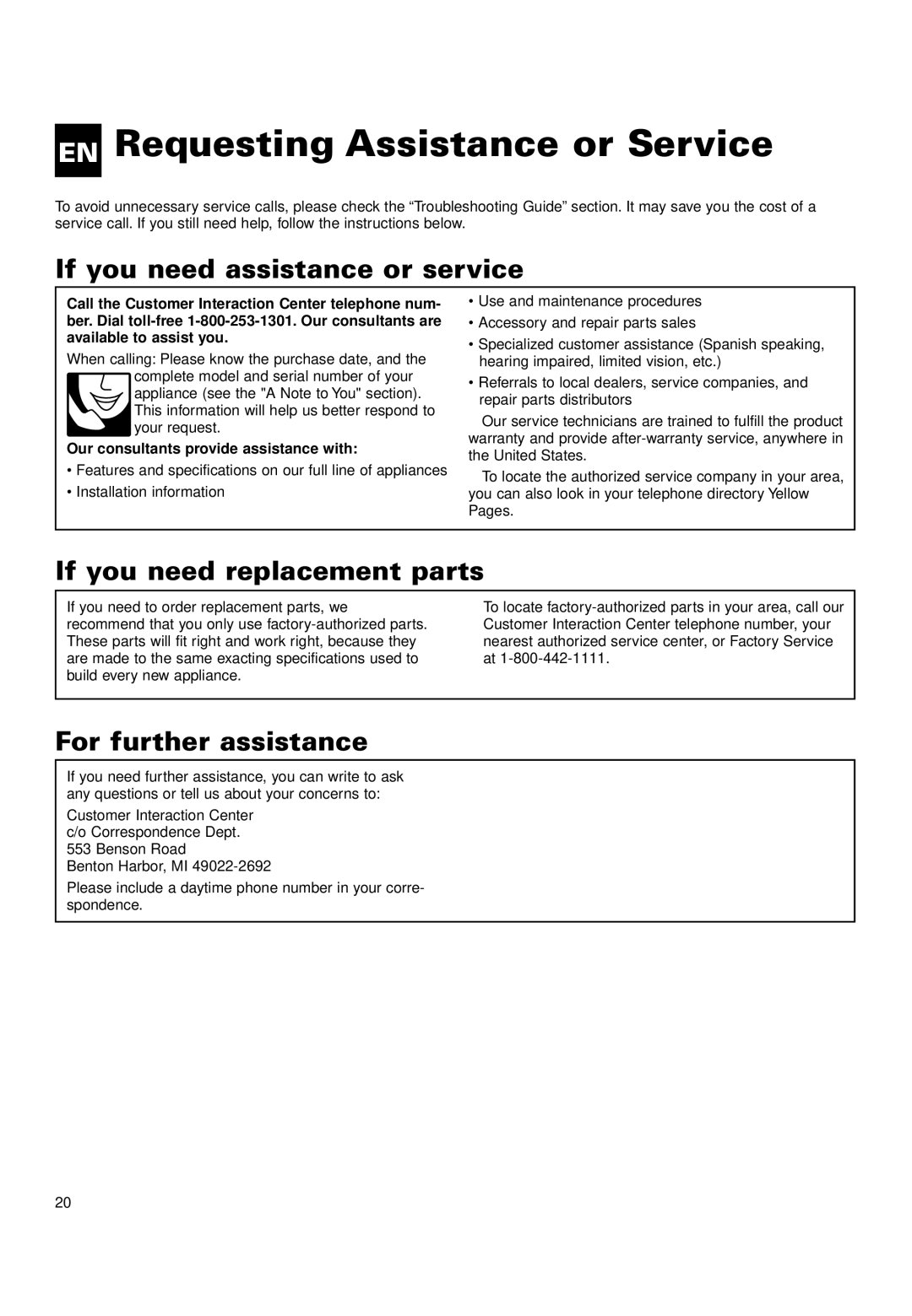 Whirlpool ACQ152XK0 EN Requesting Assistance or Service, If you need assistance or service, If you need replacement parts 