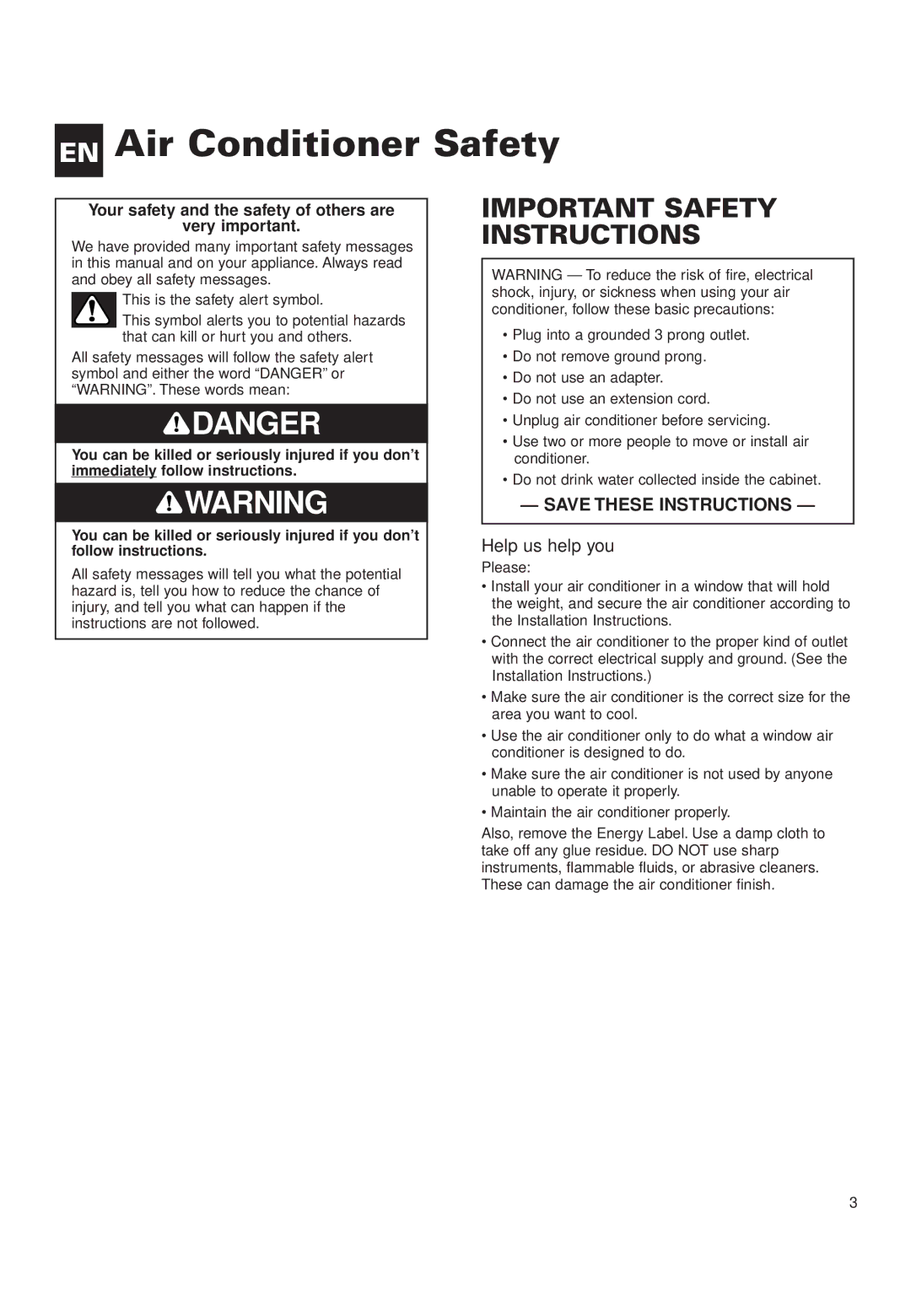 Whirlpool ACQ152XK0 manual EN Air Conditioner Safety, Help us help you 