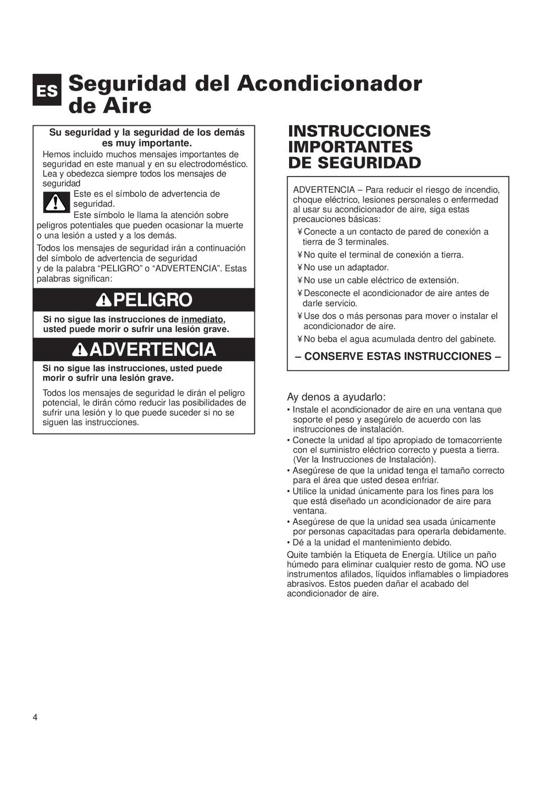 Whirlpool ACQ152XK0 manual ES Seguridad del Acondicionador de Aire, Ayúdenos a ayudarlo 