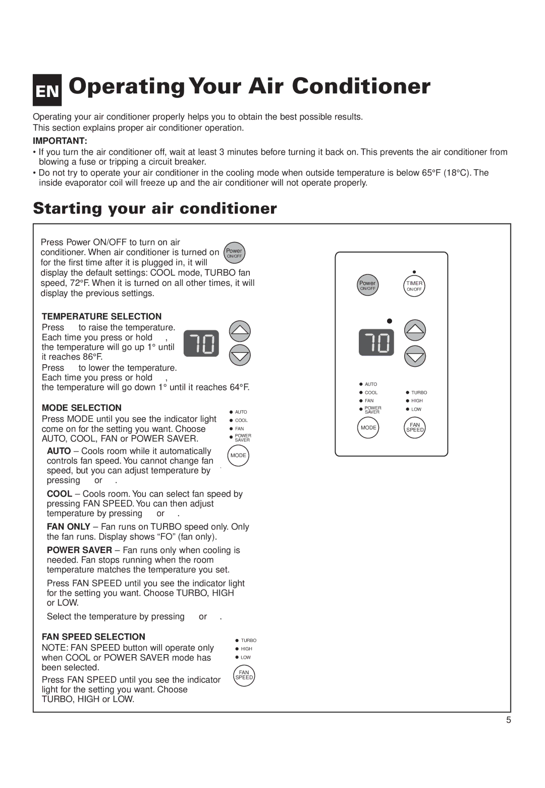 Whirlpool ACQ152XK0 manual EN Operating Your Air Conditioner, Starting your air conditioner 