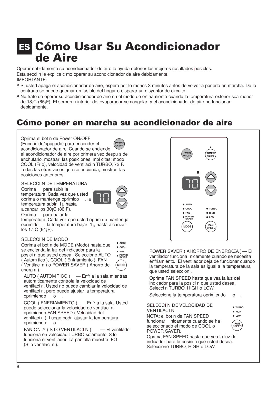 Whirlpool ACQ152XK0 manual ES Cómo Usar Su Acondicionador de Aire, Cómo poner en marcha su acondicionador de aire 