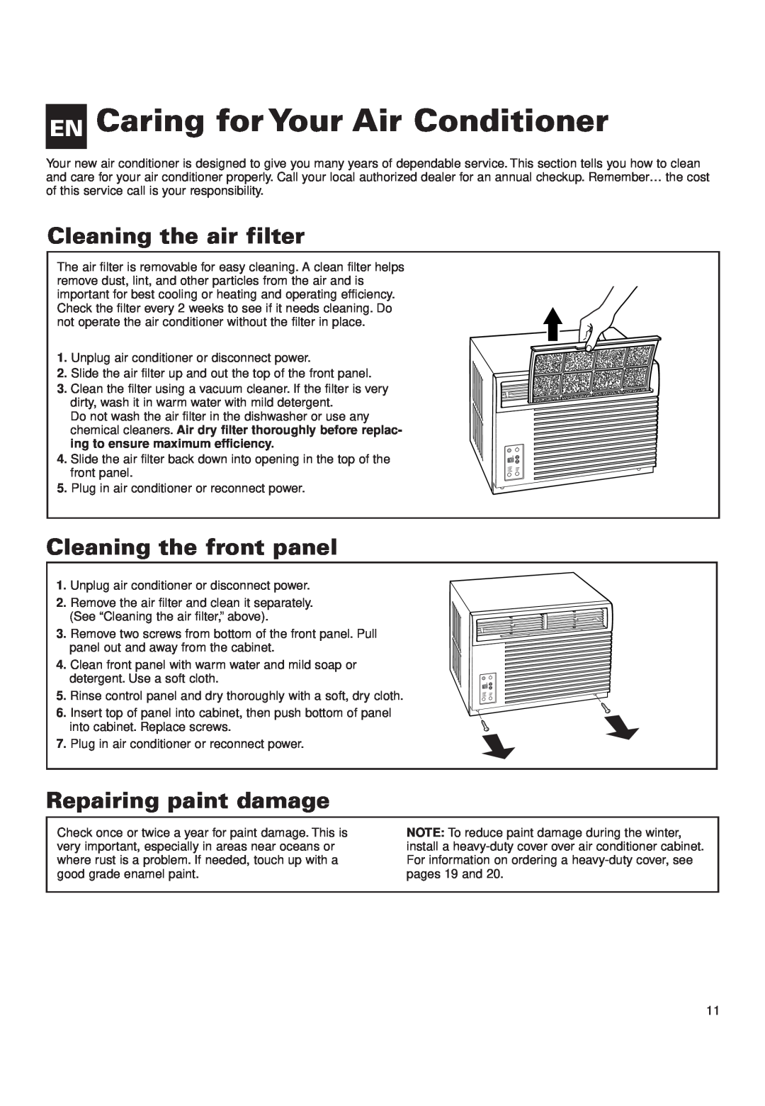 Whirlpool ACQ152XK0 manual EN Caring for Your Air Conditioner, Cleaning the air filter, Cleaning the front panel 