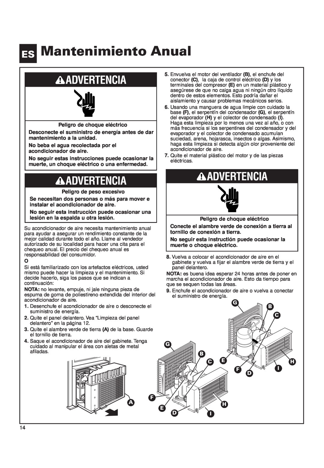 Whirlpool ACQ152XK0 manual ES Mantenimiento Anual, Advertencia, Peligro de choque eléctrico, Peligro de peso excesivo 