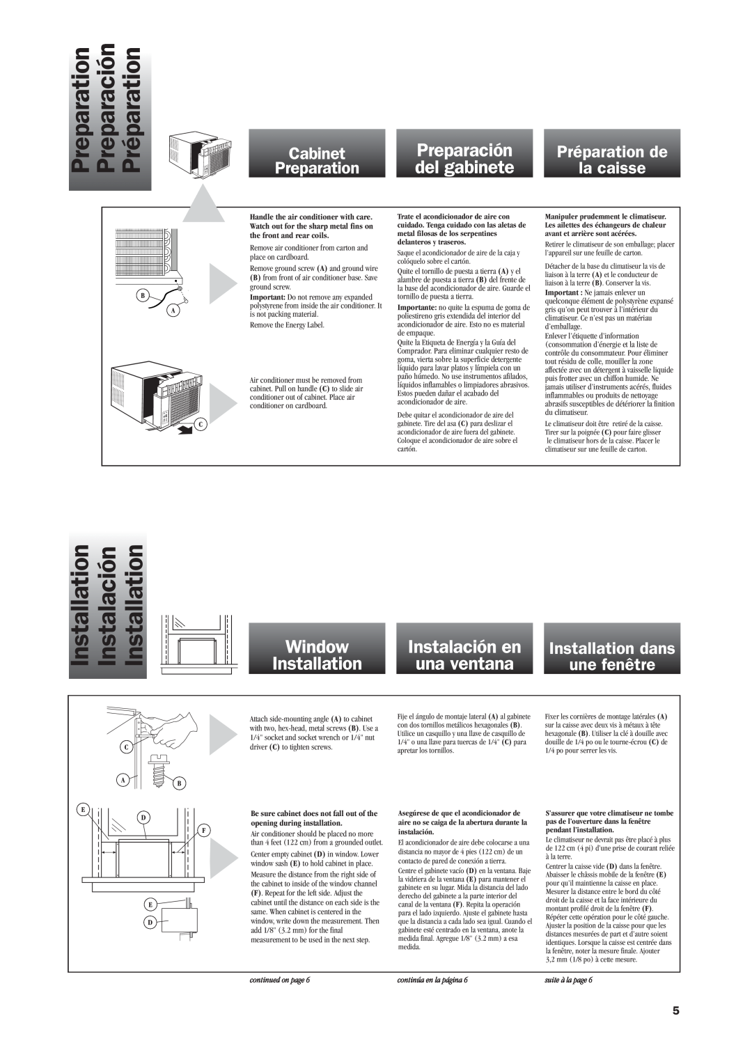 Whirlpool ACQ152XK0 manual Preparación, del gabinete, Préparation de, la caisse, Cabinet, Preparation, place on cardboard 