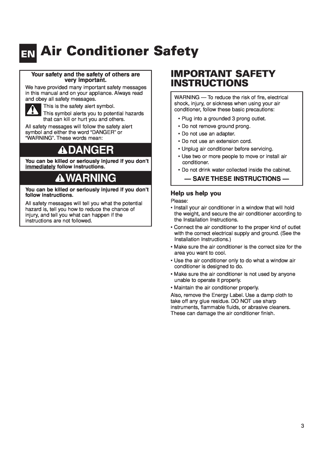 Whirlpool ACQ152XK0 manual EN Air Conditioner Safety, Danger, Important Safety Instructions, Save These Instructions 