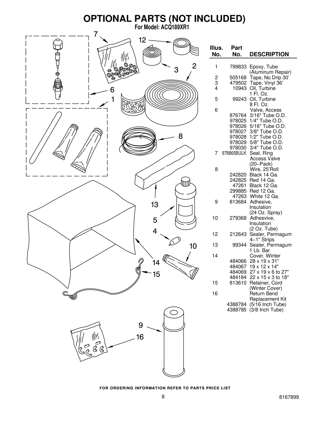 Whirlpool ACQ189XR1 manual Optional Parts not Included 