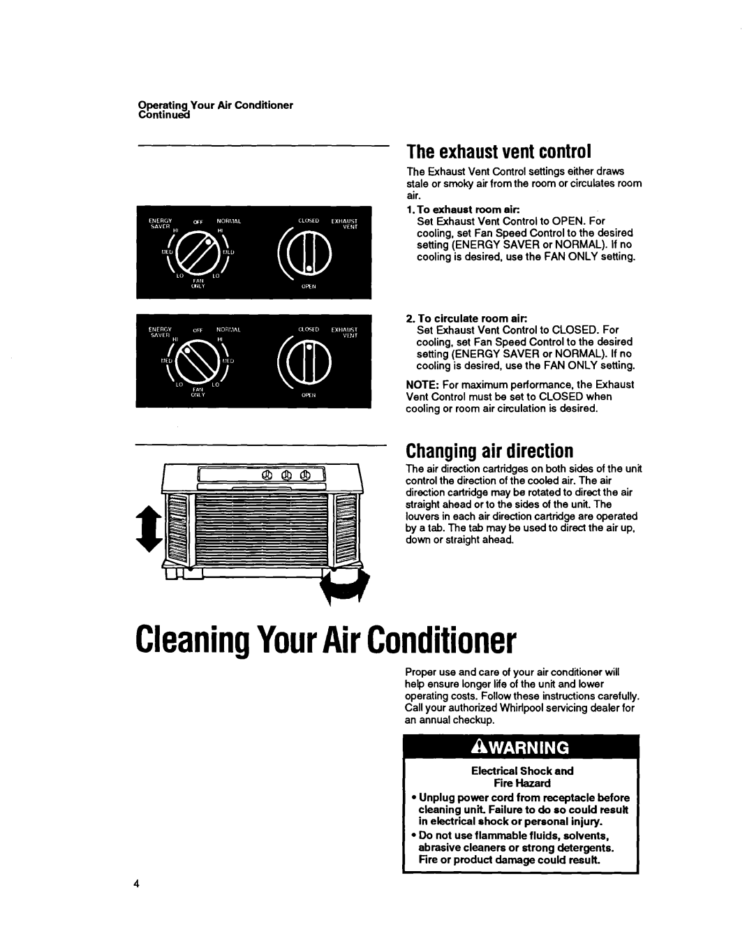 Whirlpool ACQ184, ACQ214 CleaningYourAirConditioner, Theexhaustventcontrol, Changingair direction, TFaYour Air Conditioner 