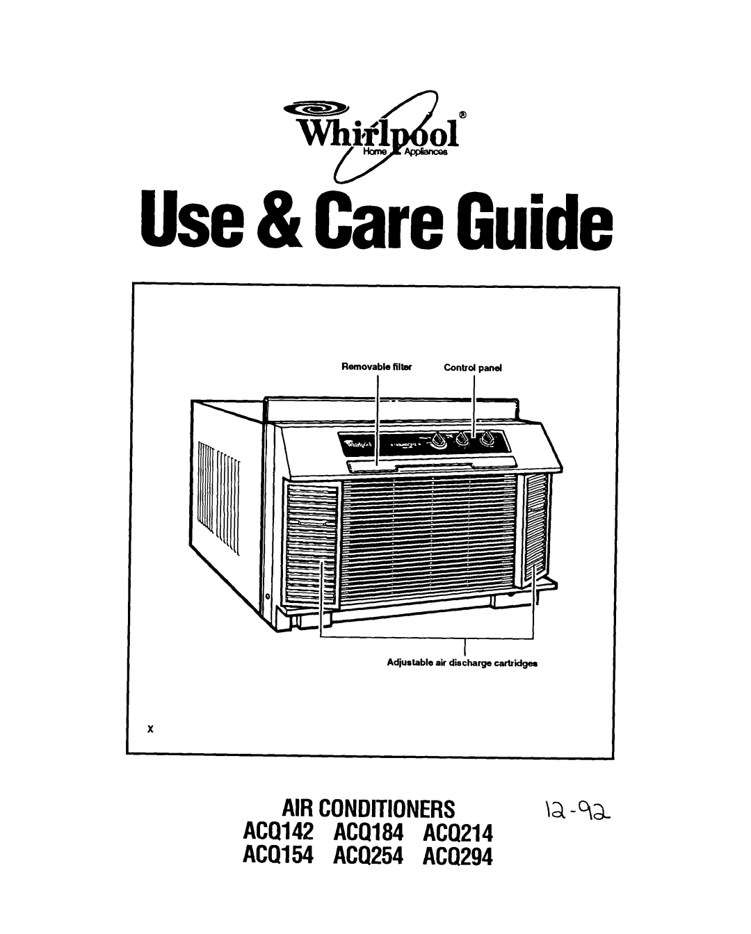 Whirlpool manual Use& dre Guide, T&f1 01 4a, AIRCONDITIONERS \a-9a.ACQ142 ACQ184 ACQ214, ACQ154 ACQ254 ACQ294 