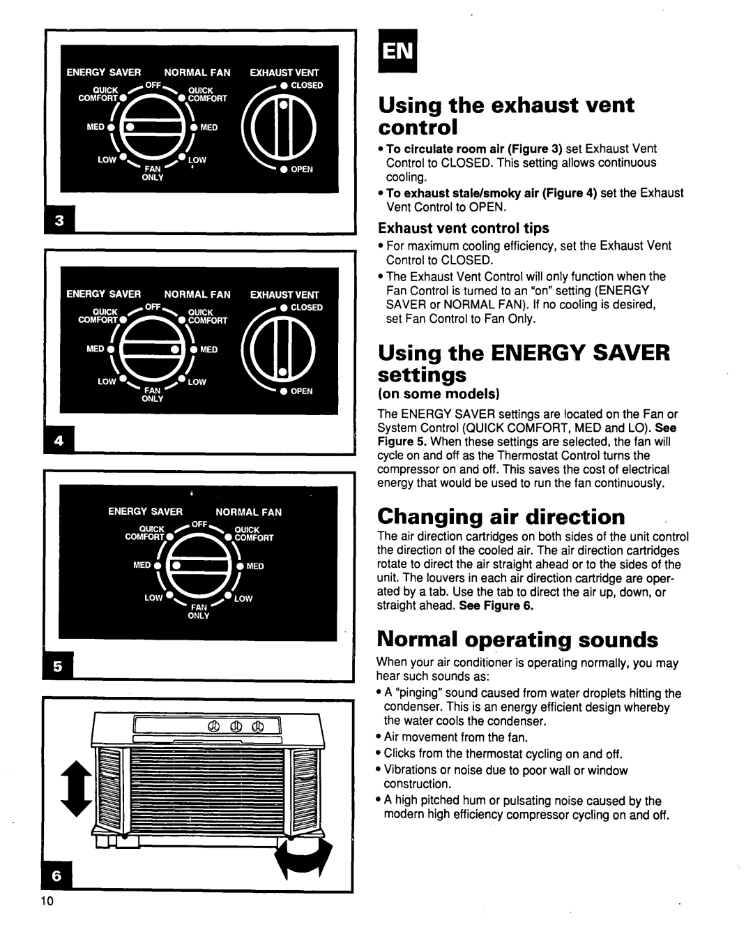 Whirlpool ACQ254XF0 manual Using the exhaust vent control, Using the Energy Saver settings, Changing air direction 