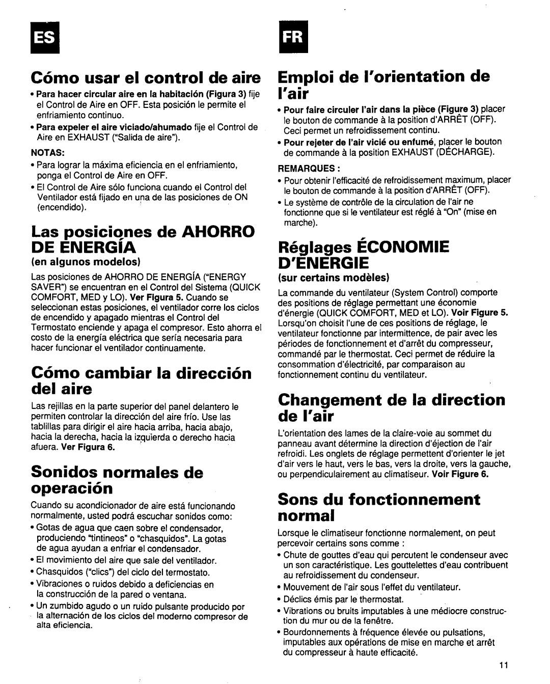 Whirlpool ACQ254XF0 C6mo usar el control de aire, Las posiciones de Ahorro DE Energca, C6mo cambiar la direcci6n del aire 