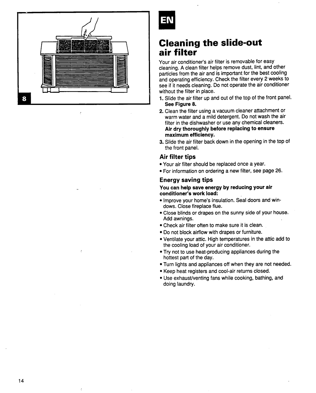 Whirlpool ACQ254XF0 manual Cleaning the slide-out air filter, Air filter tips, Energy saving tips, You can help 