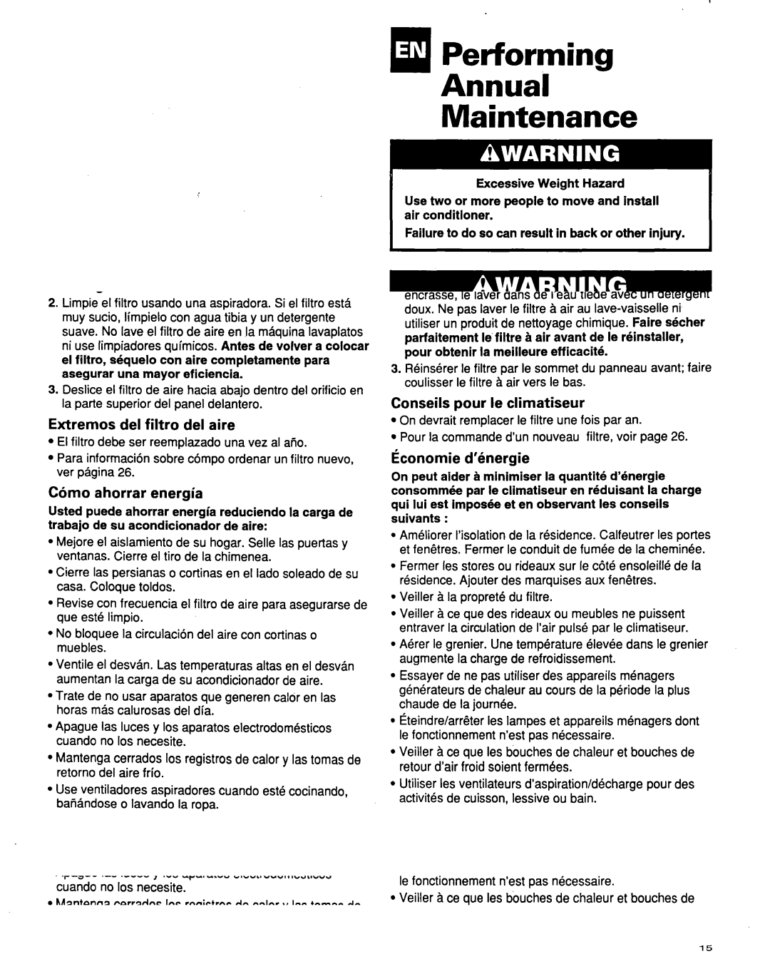 Whirlpool ACQ254XF0 manual MlPerforming, Electrical Shock Hazard Unplug before doing any maintenance 