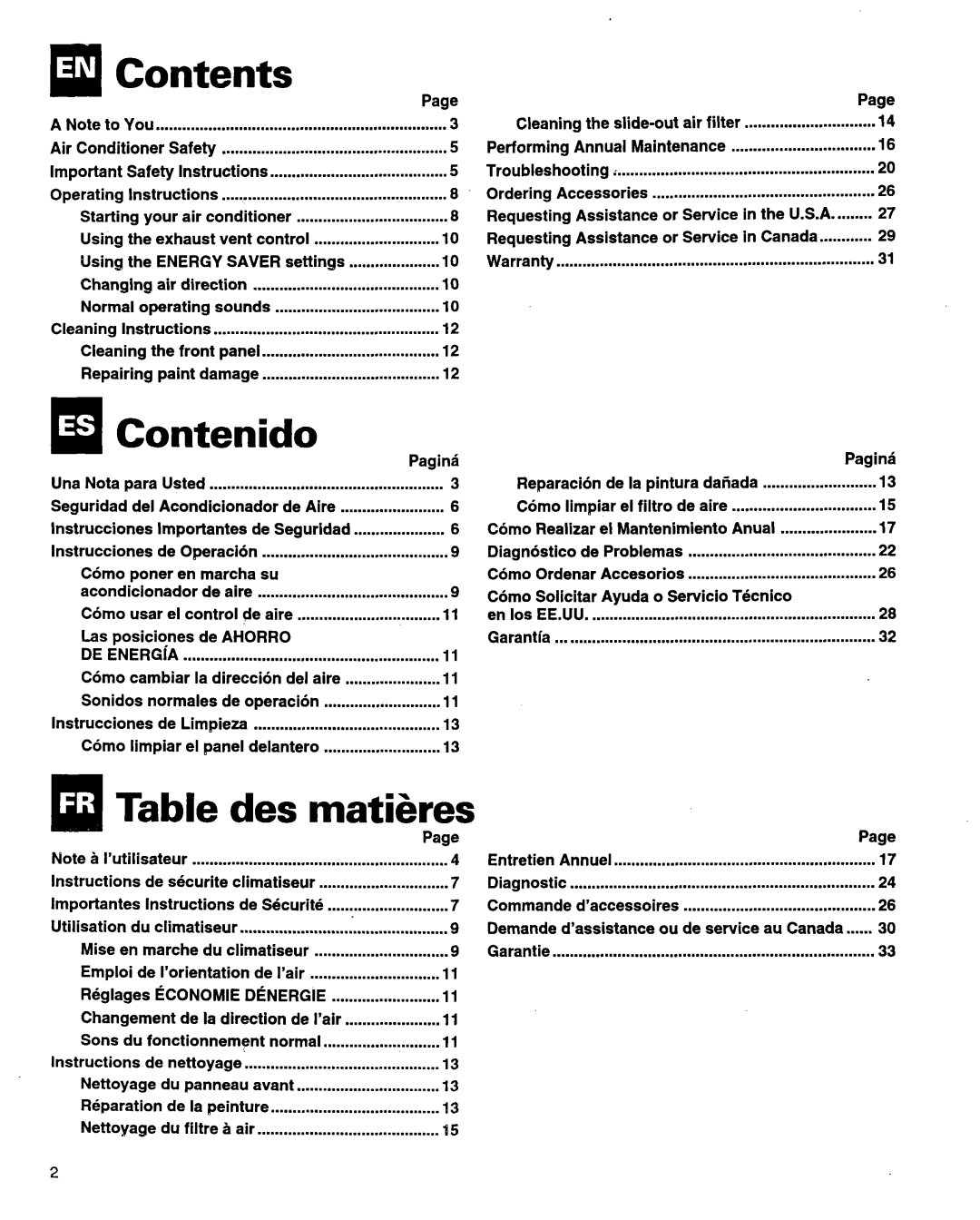 Whirlpool ACQ254XF0 manual Contents, IaContenido, Matikes 