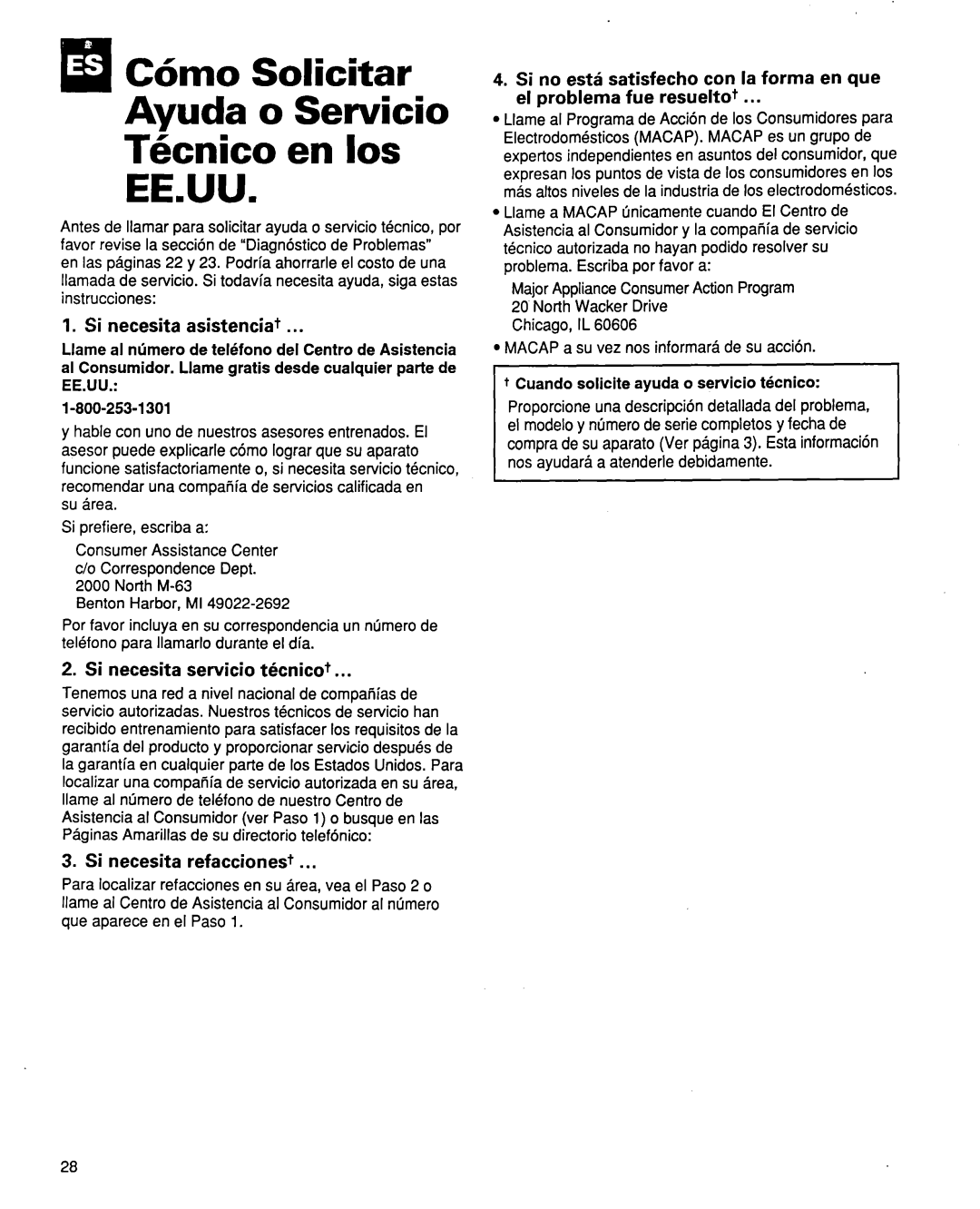 Whirlpool ACQ254XF0 AMm0 Solicitar Ayuda o Servicio Tknico en 10s EE.UU, Si necesita asistenciat, Si necesita refaccionest 