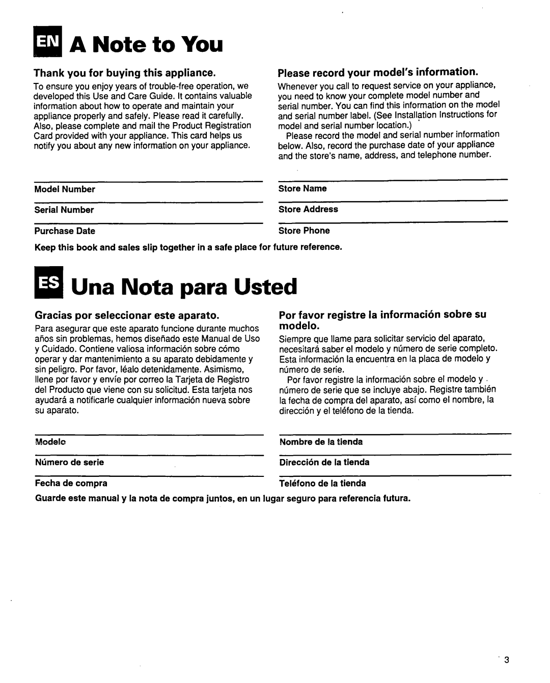 Whirlpool ACQ254XF0 manual Una Nota para Usted, Gracias por seleccionar este aparato, Model Number Store Name Serial Number 