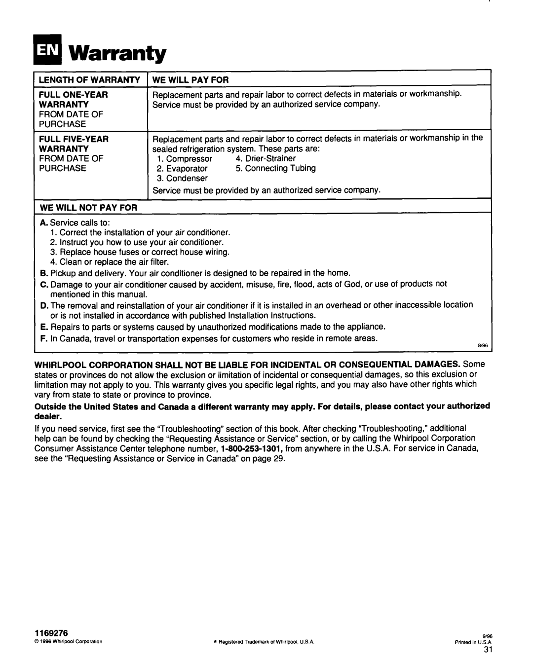 Whirlpool ACQ254XF0 manual Service must be provided by an authorized service company, Compressor Drier-Strainer, 1169276 