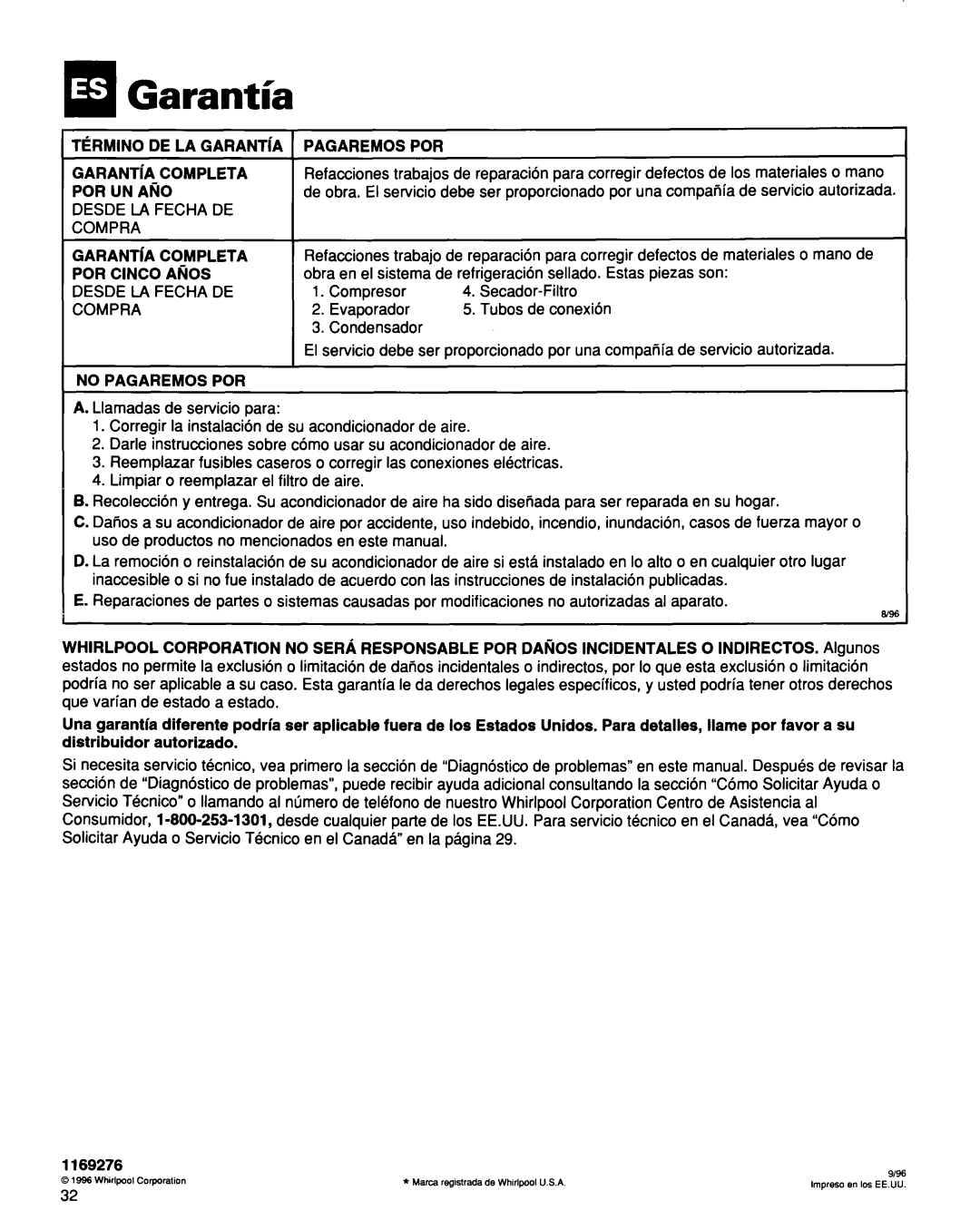 Whirlpool ACQ254XF0 manual Termin DE LA GARANTiA GARANTiA Completa POR UN AnO, GARANTiA Completa POR Cinco AfiOS 