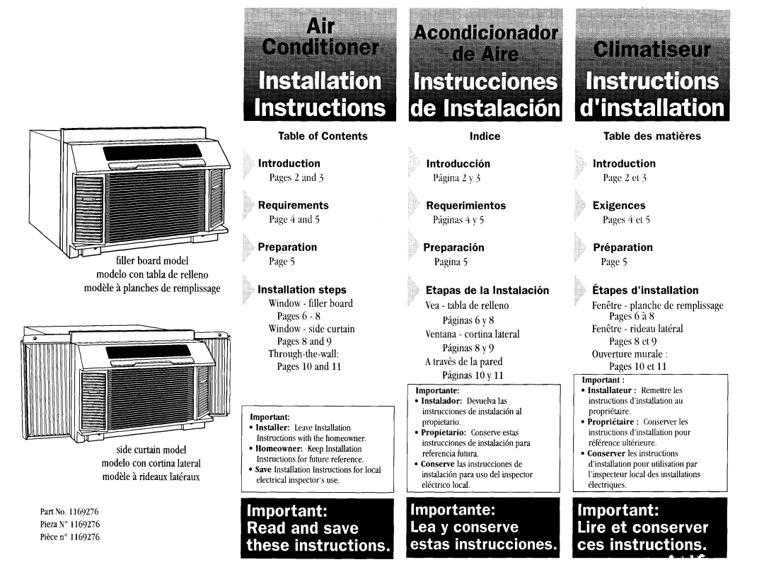 Whirlpool ACQ254XF0 manual Filler board model, Piginas 1Oy, Sidecurtainmodel, Importante 