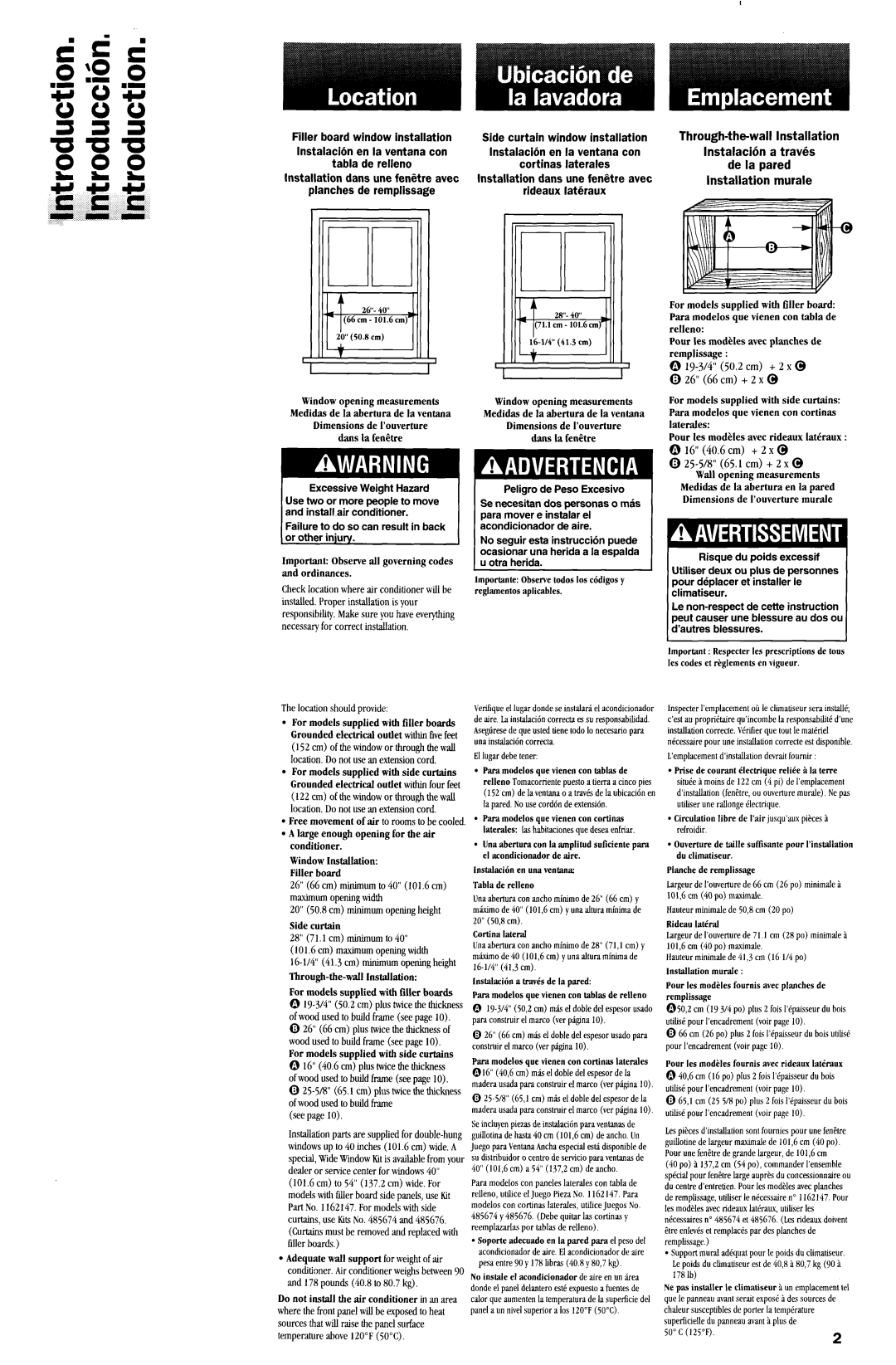 Whirlpool ACQ254XF0 manual Installation dans une fenQtre avec planches de remplissage, Medidas de la abertura de la ventana 