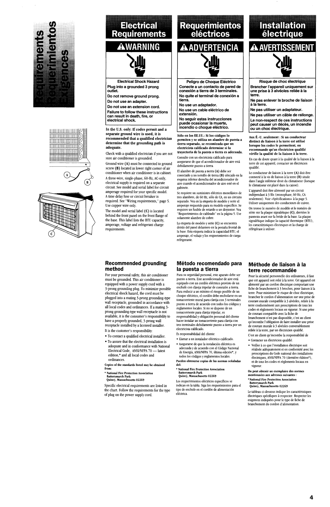 Whirlpool ACQ254XF0 manual Peligro de Choque Electrico, Mustbegrounded.This air conditioneris 