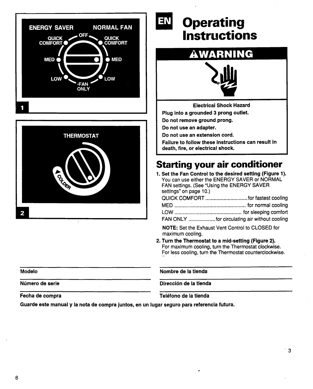 Whirlpool ACQ254XF0 manual Operating Instructions, For normal cooling 