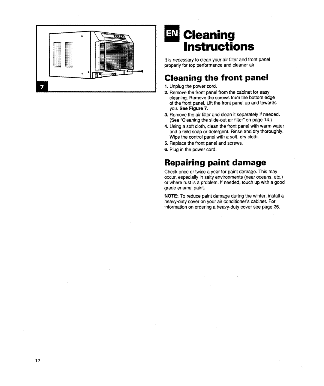 Whirlpool ACQ254XF0 manual q Cleaning Instructions, Cleaning the front panel, Repairing paint damage 