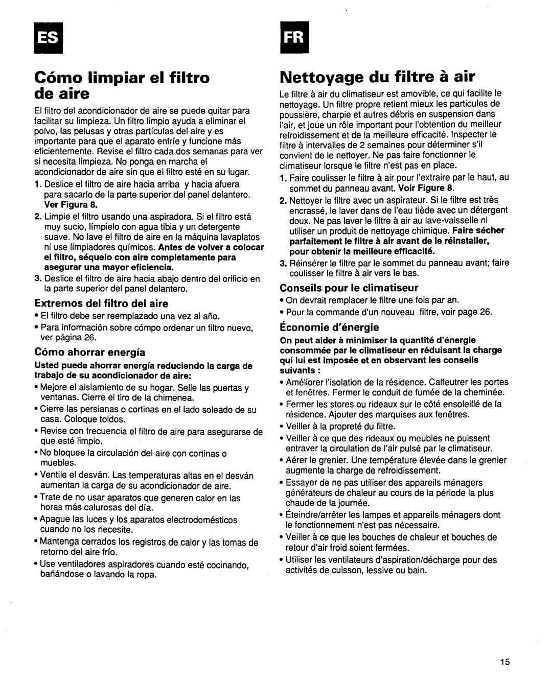 Whirlpool ACQ254XF0 manual C6mo limpiar el filtro de aire, Nettoyage du filtre 5 air, Extremos del filtro del aire 