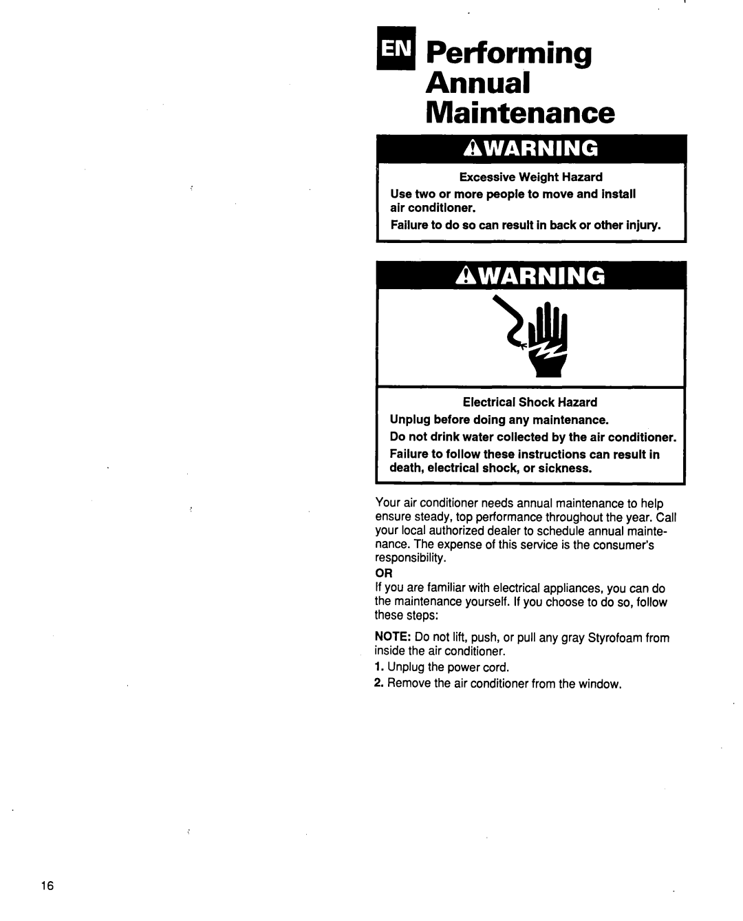 Whirlpool ACQ254XF0 manual mlPerforming, Annual Maintenance 