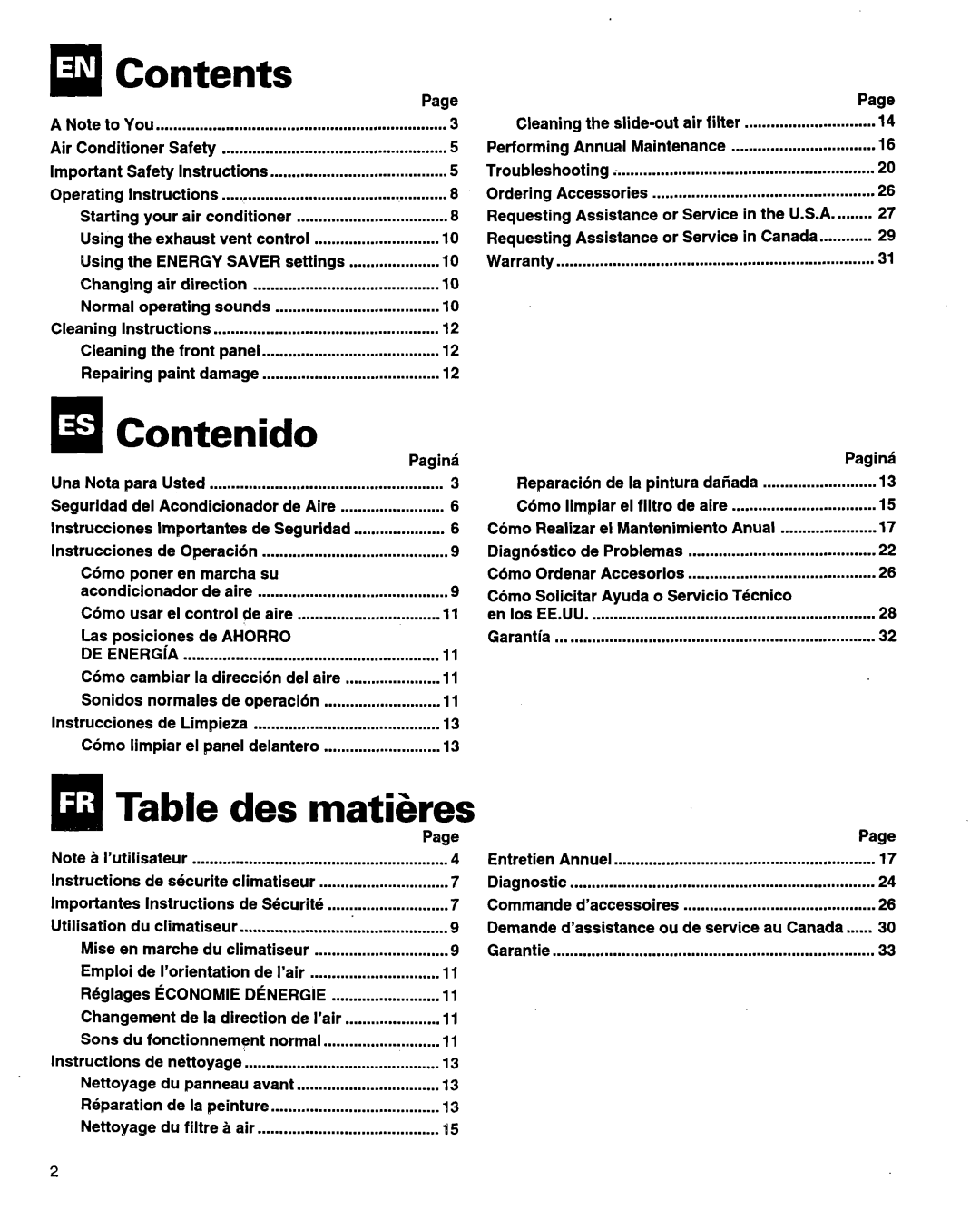 Whirlpool ACQ254XF0 manual Contents, IaContenido, Table, matikes 