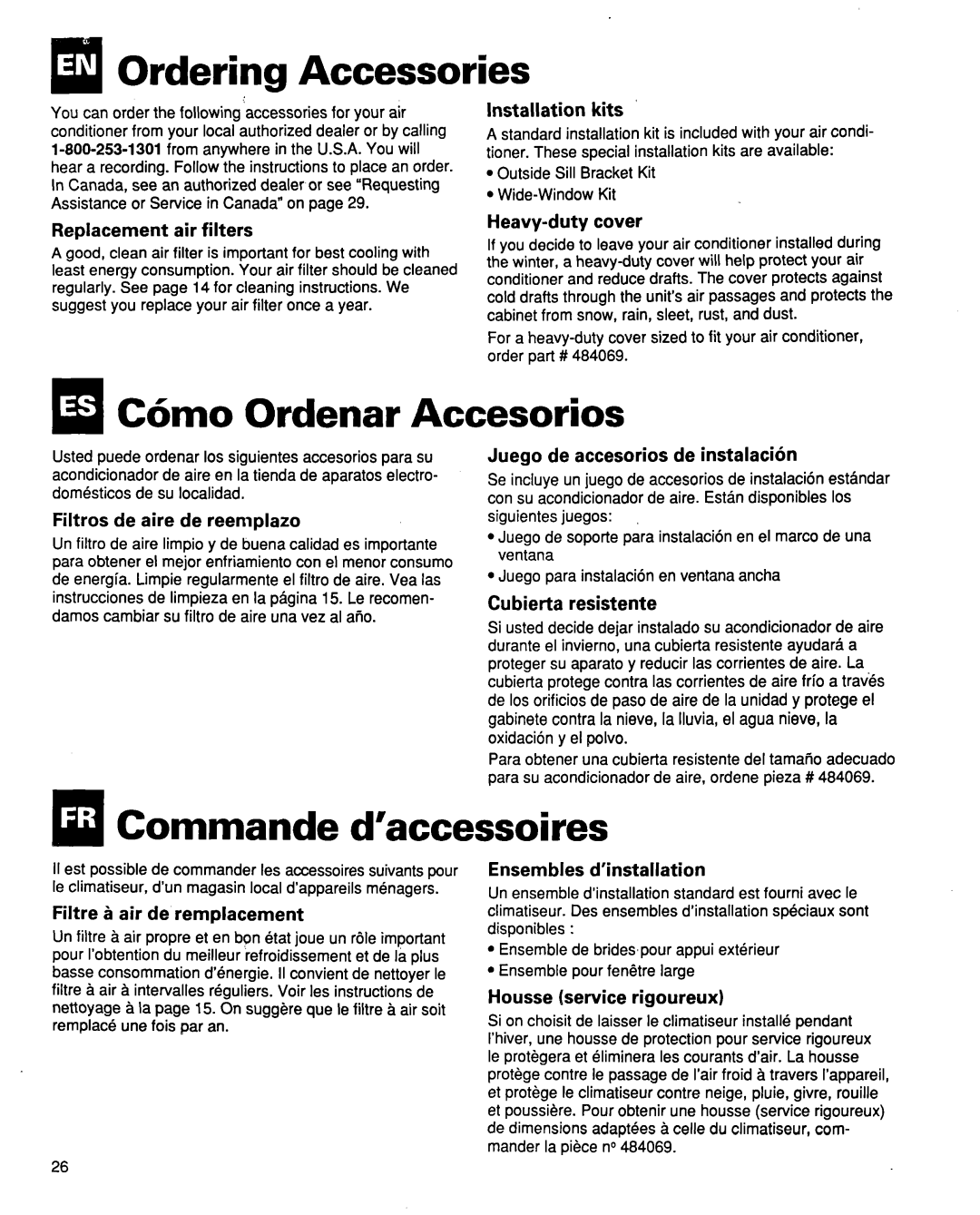 Whirlpool ACQ254XF0 manual I#!Ordering Accessories, Ordenar Accesorios, Commande d’accessoires, Installation kits 