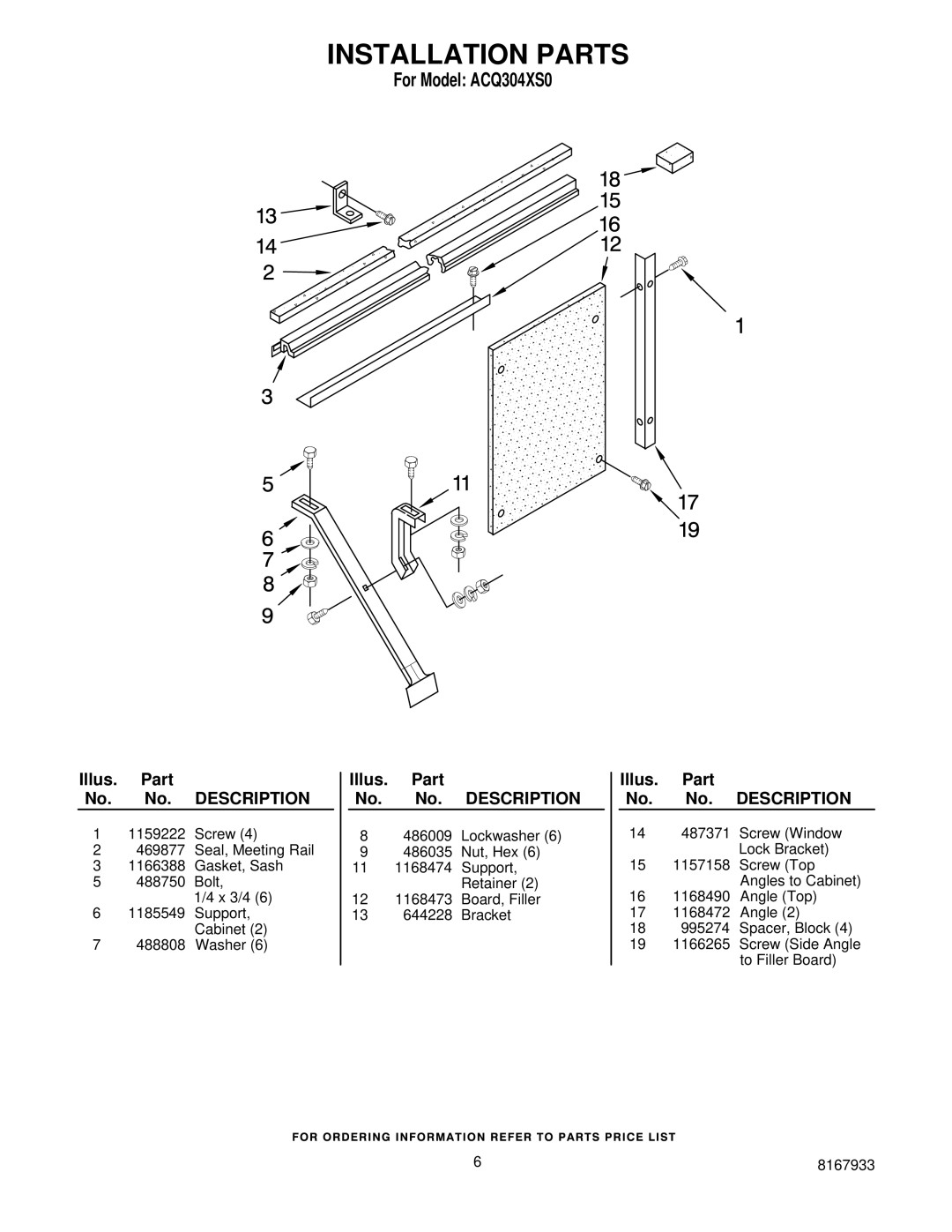 Whirlpool ACQ304XS0 manual Installation Parts 