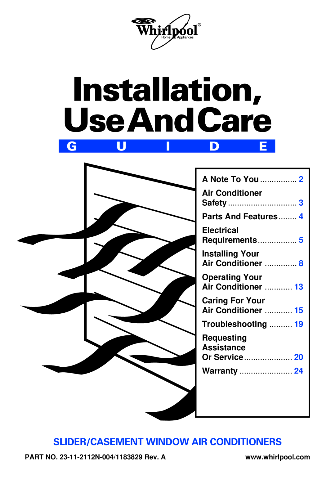 Whirlpool ACS052XH1 warranty Installation UseAndCare, Part no -11-2112N-004/1183829 Rev. a 