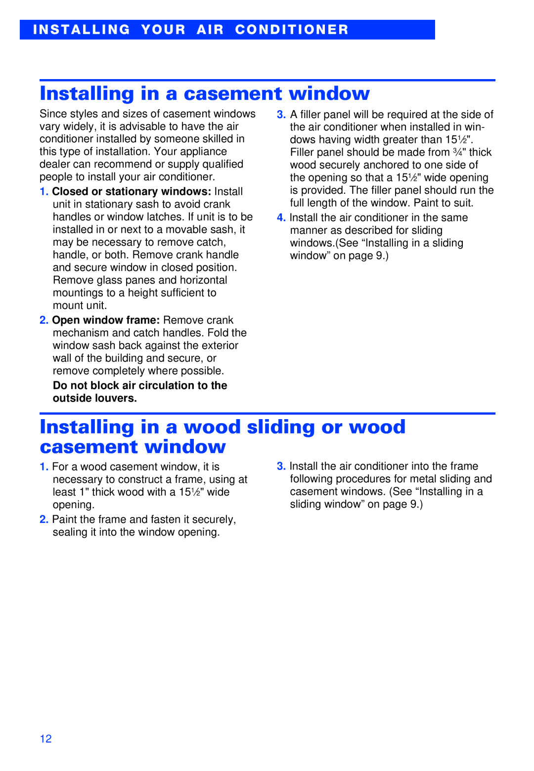 Whirlpool ACS052XH1 warranty Installing in a casement window, Installing in a wood sliding or wood casement window 