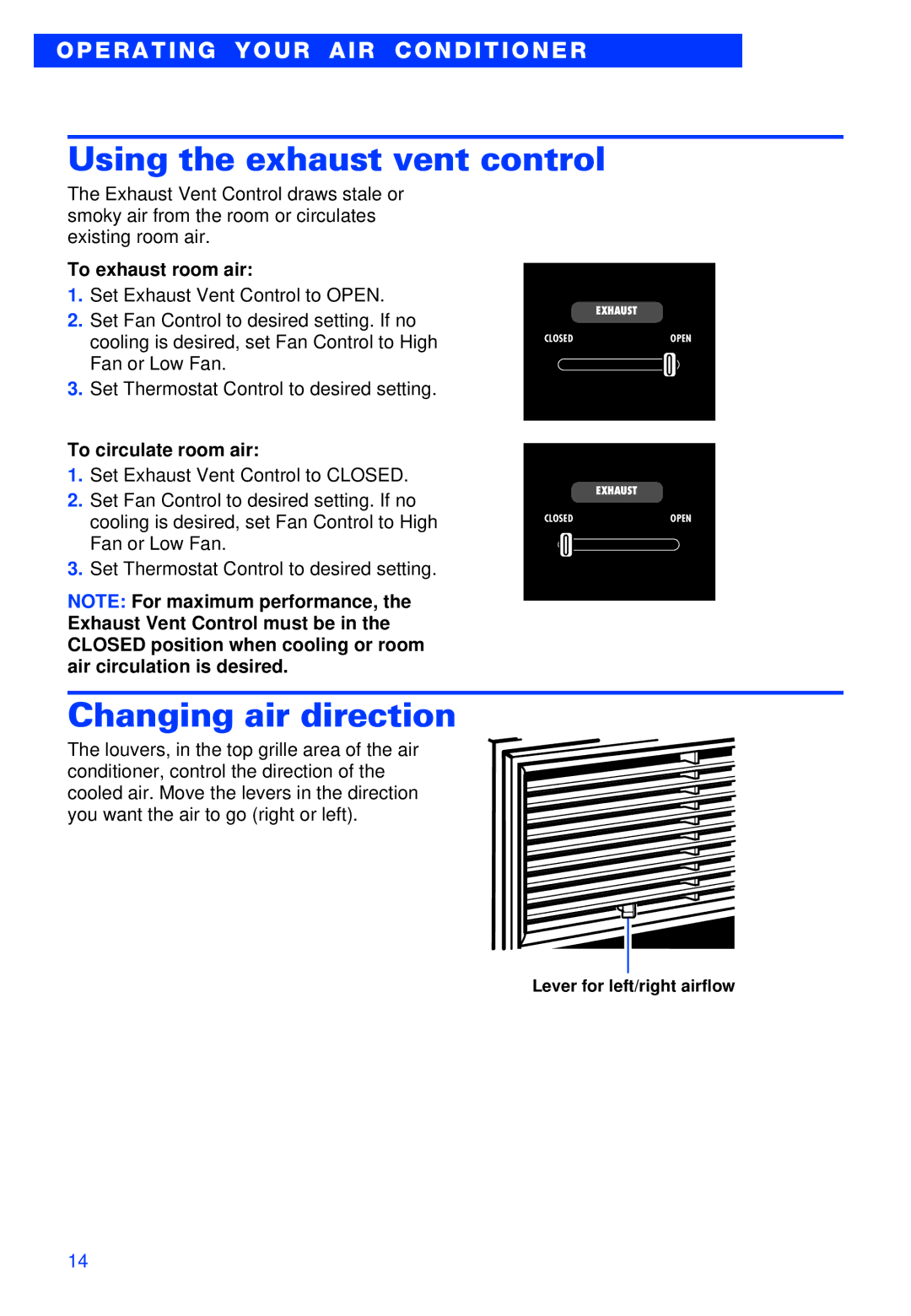 Whirlpool ACS052XH1 Using the exhaust vent control, Changing air direction, To exhaust room air, To circulate room air 