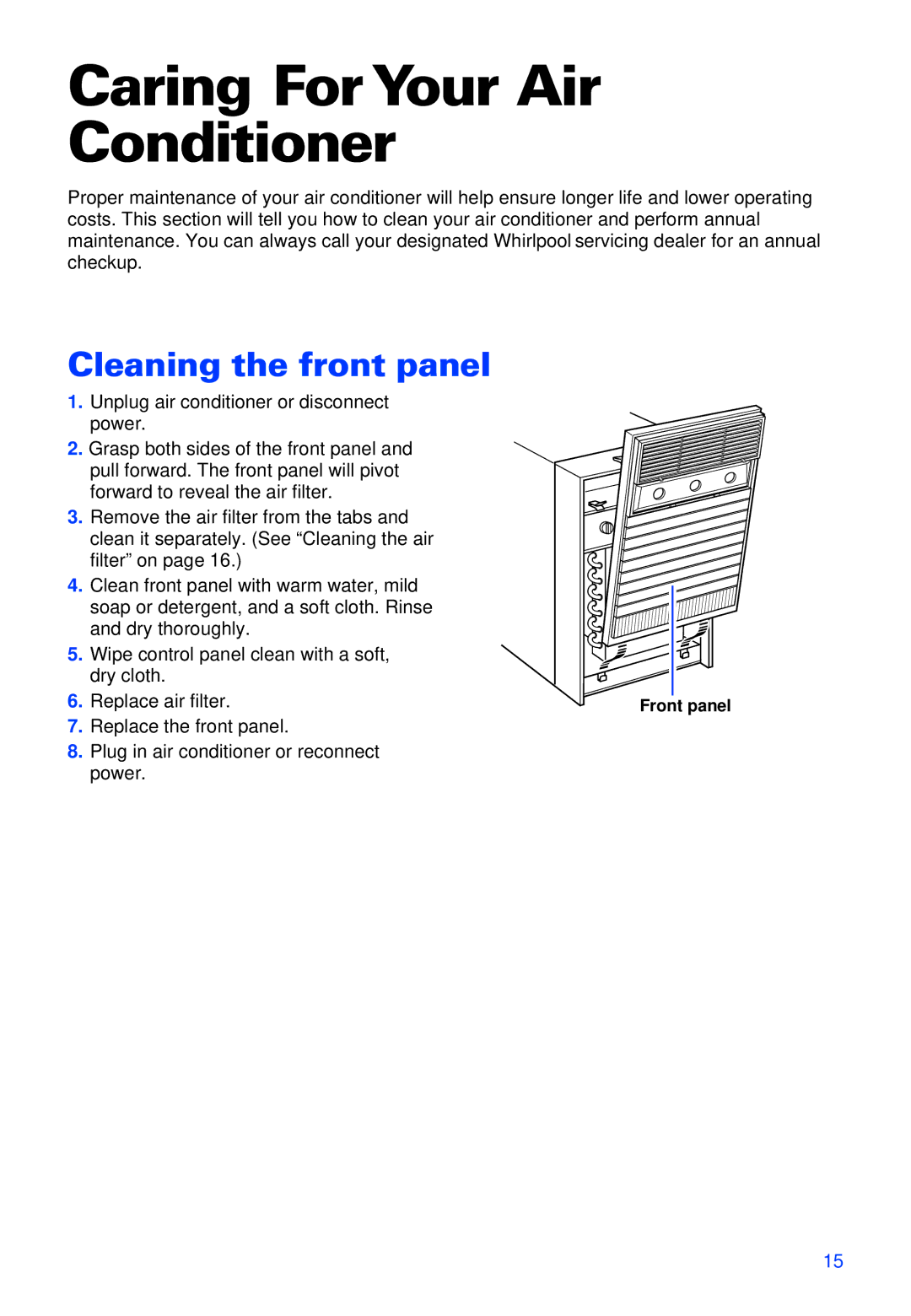 Whirlpool ACS052XH1 warranty Caring For Your Air Conditioner, Cleaning the front panel, Replace air filter 