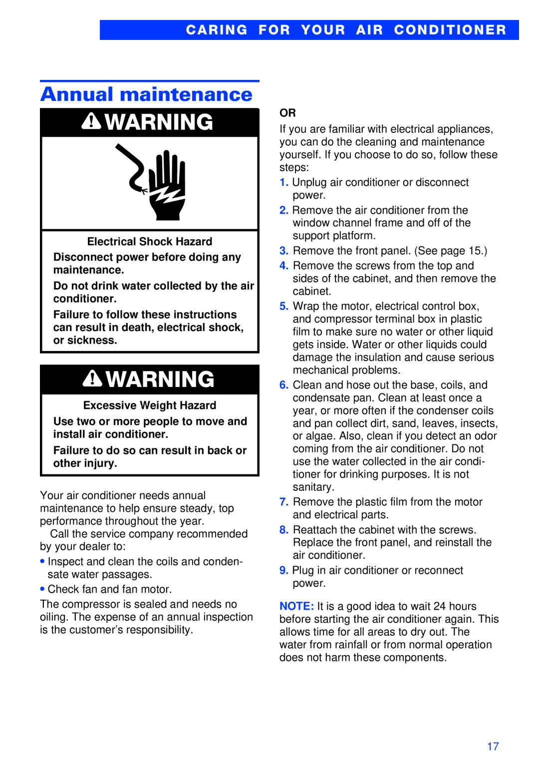 Whirlpool ACS052XH1 warranty Annual maintenance 