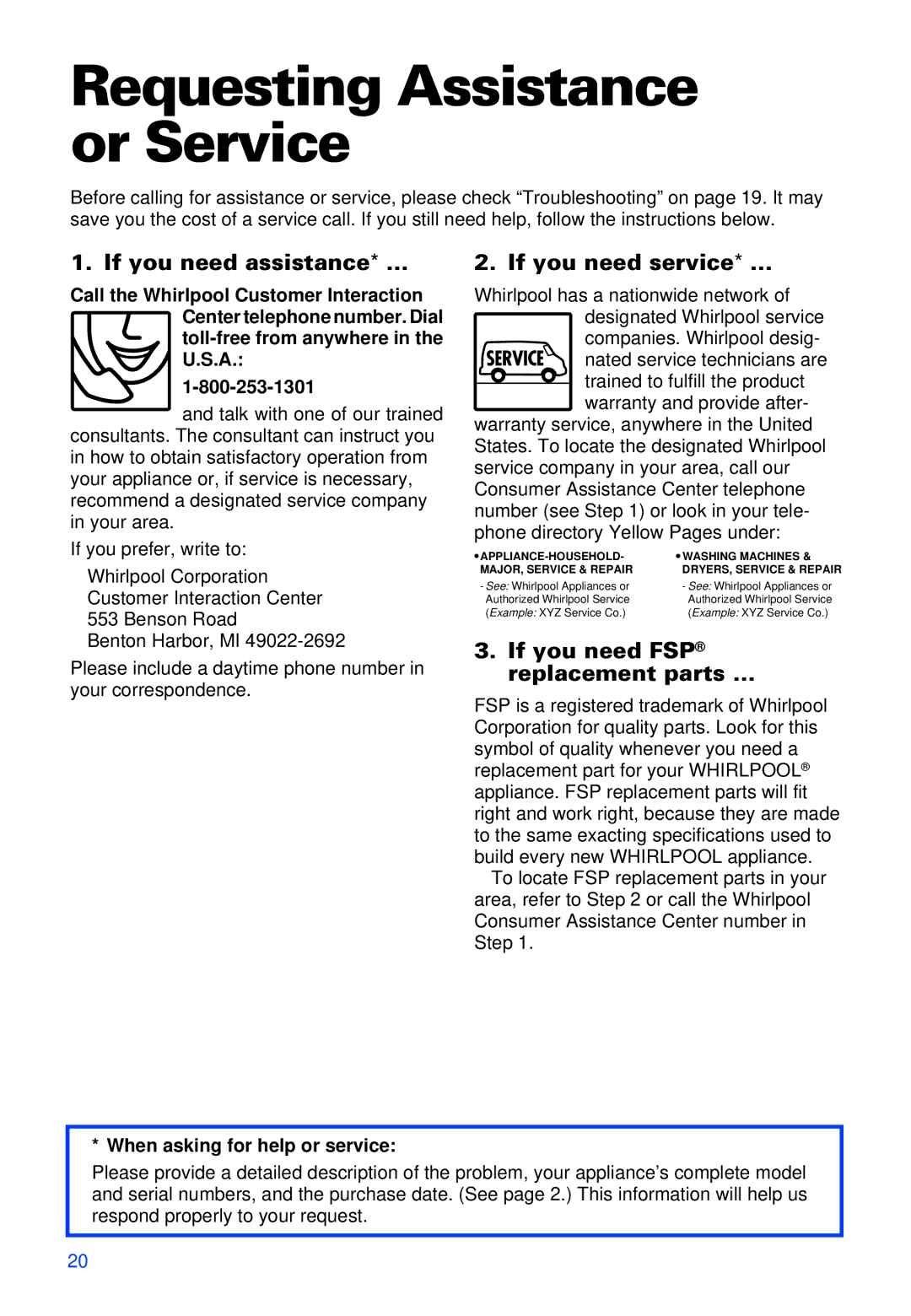 Whirlpool ACS052XH1 warranty Requesting Assistance or Service, When asking for help or service 