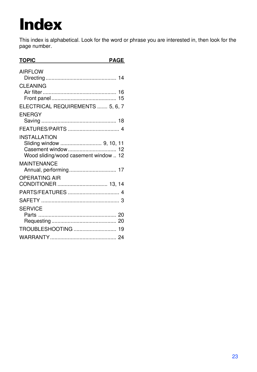 Whirlpool ACS052XH1 warranty Index, Topic 