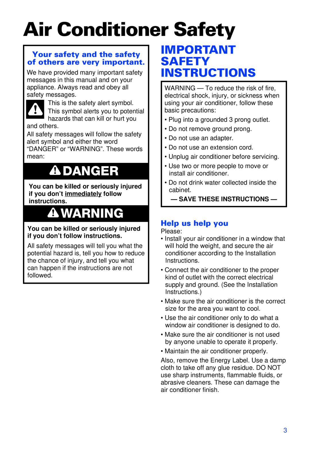 Whirlpool ACS052XH1 warranty Air Conditioner Safety, Your safety and the safety of others are very important 