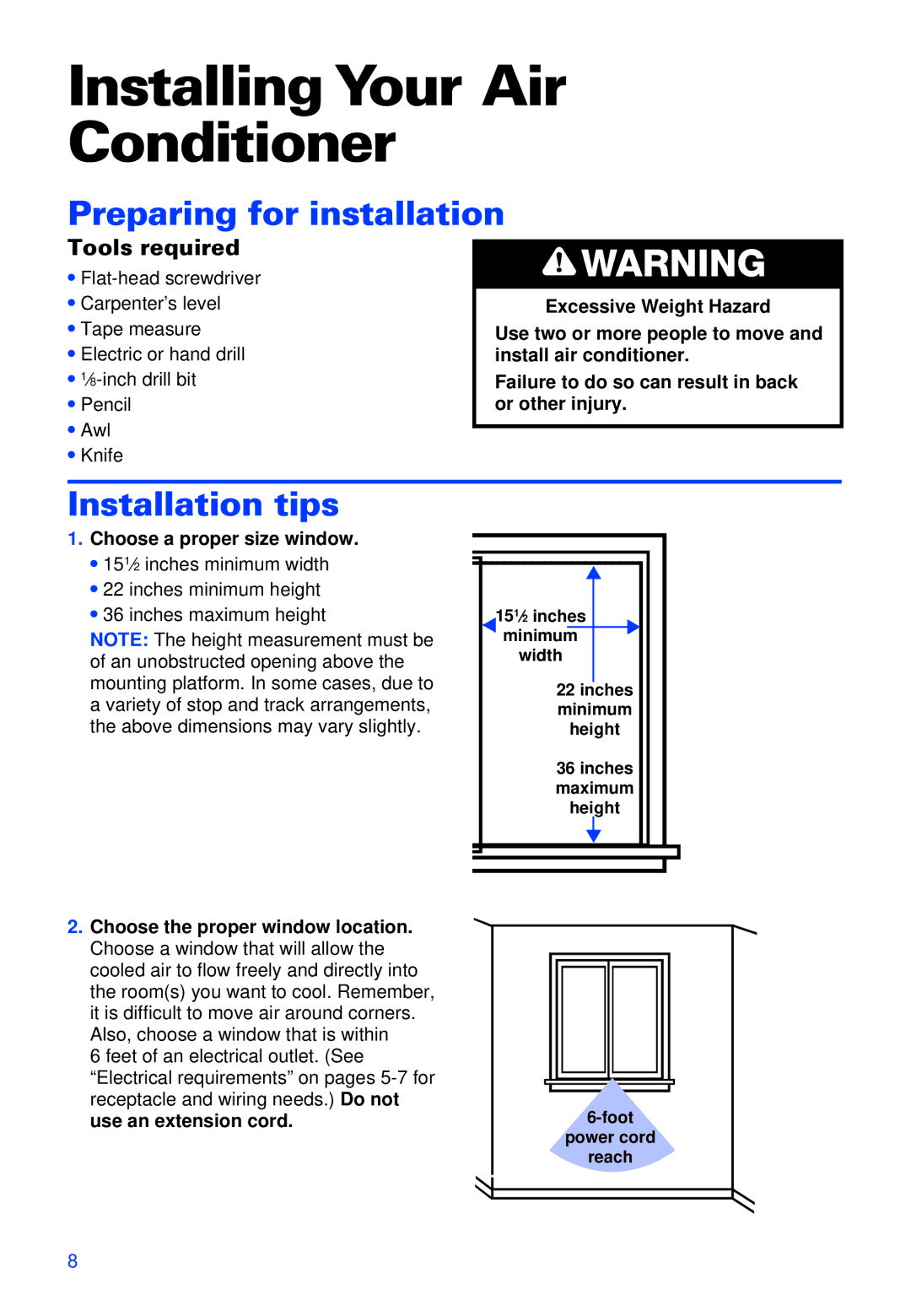 Whirlpool ACS052XH1 warranty Installing Your Air Conditioner, Preparing for installation, Installation tips 